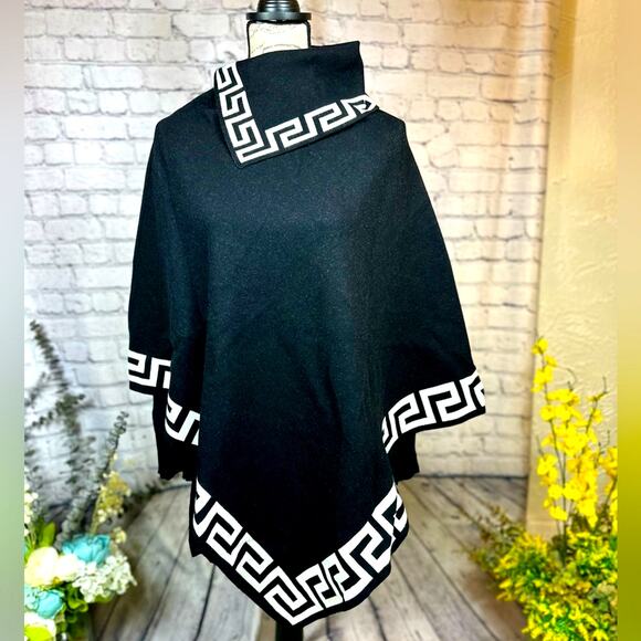 Vintage Loose Geometric Design Pullover Elegant Top Lapel Cowl Neck Cape - Black - Picture 6 of 8